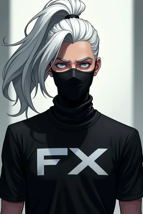 A male  with white hair and ponytail hair pulled forward with a mask covering his mouth and nose with an all-black shirt written on the front"FX" Animated character male character 

