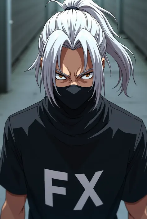  A male  with white hair and ponytail hair pulled forward with a mask covering his mouth and nose with an all-black shirt written on the front"FX" Animated character the toughest man character for the anime  


