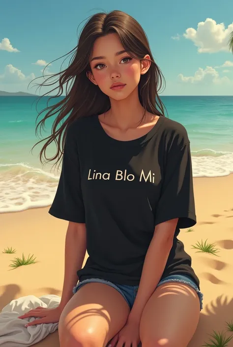 a beautiful girl sitting on the beach wearing a black shirt written on it LINA BLO MI