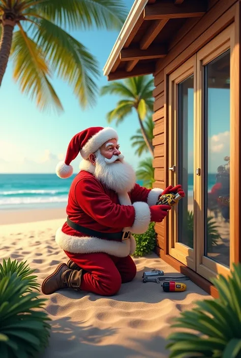 Santa Claus putting aluminum windows on a house on the beach