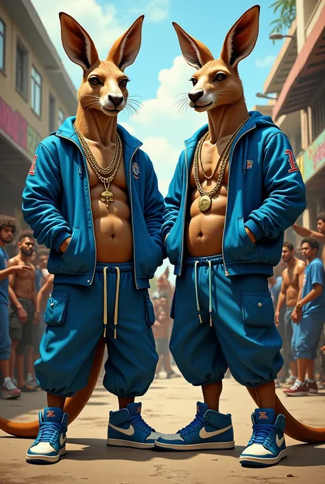 2 tall and strong muscular kangaroos dressed in blue hip-hop clothing with gold chains Jordan shoes with their hands in their kangaroos pockets and in the background many hip-hop kangaroos shooting up what look real in a favela in Brazil 