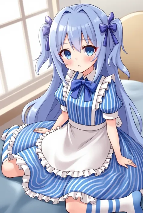 1girl, solo, long hair, looking at viewer, blush, blue eyes, dress, closed mouth, sitting, medium breasts, blue hair, frills, indoors, striped clothes, puffy short sleeves, pillow, window, colored skin, blue bow, on bed, monster girl, white apron, maid apr...