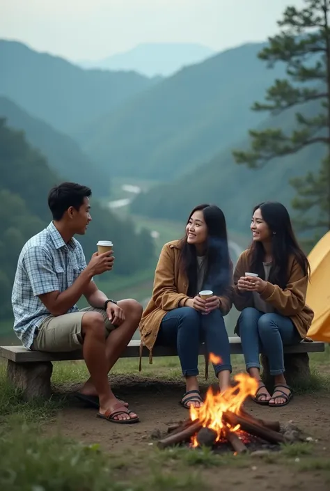 an Indonesian man with short black hair, wearing a white and blue checkered button-down shirt, short cargo pants, leather sandals and 2 beautiful women with long hair, wearing thick jackets and long jean trousers, cool sandals, sitting on a wooden bench wh...