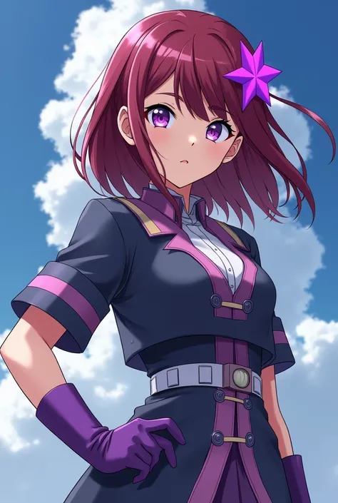 A girl in the style of Boku No Hiro Academia with lilac eyes with medium long dark reddish hair with a purple star in her hair with UA clothes and purple foot warmers and purple gloves