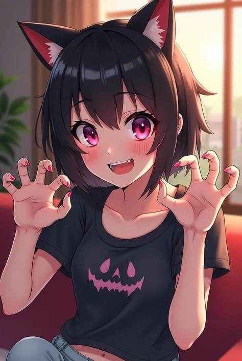 1 anime girl, monster girl, tomboy, black short hair, fanged teeth, brunette, casual clothes, in room, paw pose