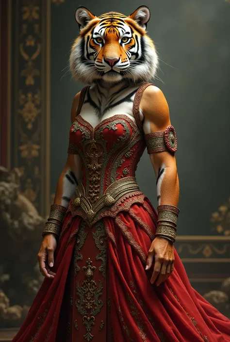 a female tiger, furry tiger, highly detailed, wearing a beautiful dress, intricate patterns, dramatic lighting, fantasy, cinematic, hyper-realistic, 8k, photorealistic, masterpiece, extremely detailed, ultra high quality