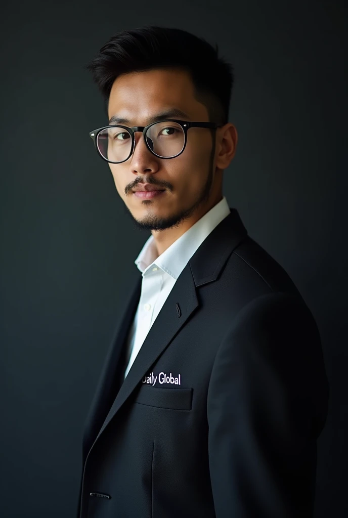 A 22-year-old Asian man is standing . The man has a little beard and mustaches and the boy is wearing a  3 piece and "daily global" written on it. man has black hair and wearing glasses for eye-side. looking into the camera.  and black theme background .an...