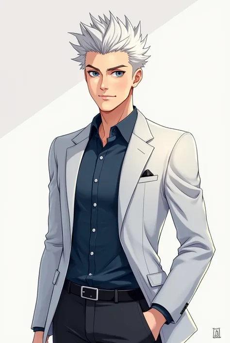  Draw a male character ,  with spiky white hair and deep and penetrating blue eyes , with a serious expression, mature and confident ,  transmitting authority and responsibility .  The character must have a more adult appearance ,  as if it were a young pr...