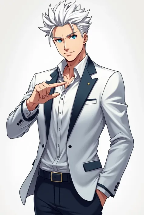  Draw a male character ,  with spiky white hair and deep and penetrating blue eyes , with a serious expression, mature and confident ,  transmitting authority and responsibility .  The character must have a more adult appearance ,  as if it were a young pr...