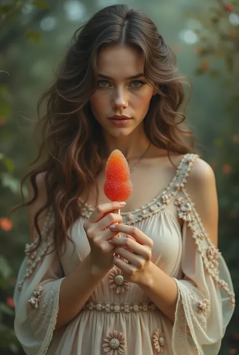  Beautiful girl with long wavy hair, bohemian dress, holding a gummy penis



