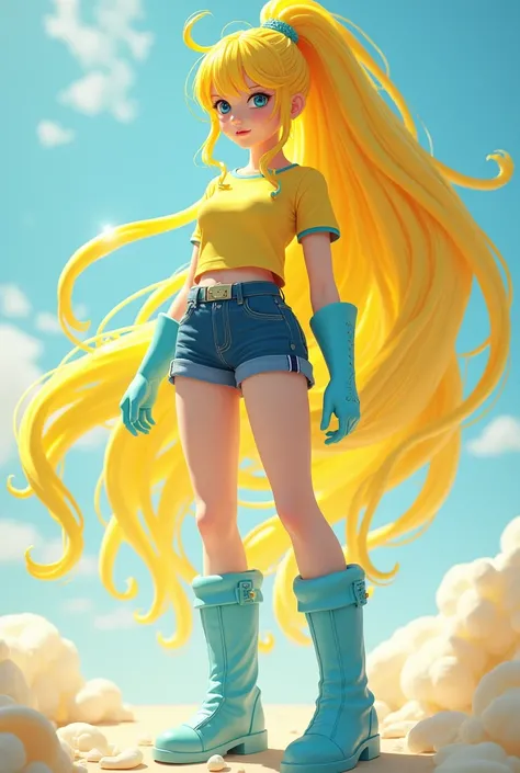 Beautiful yellow elastic jelly heroine girl wearing navy blue mini shorts and sleeved t-shirt with a pair of sky blue gloves and boots and with yellow hair wearing a ponytail 