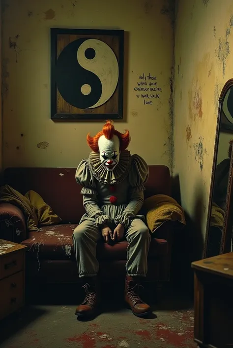 " A sinister clown sitting on an old couch ,  with torn upholstery and untidy cushions ,  in a small, dark room .  The clown has an expression that mixes melancholy and anger ,  as if reflecting on the harshness of life .  His eyes convey hatred and deep s...