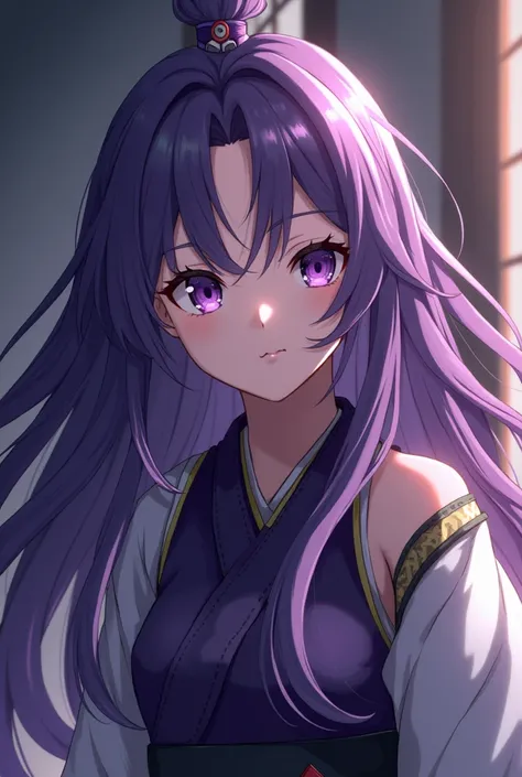  A 17-year-old anime girl ,  this one is from the Senju clan , She has no protectors ,  her hair is purple with white tips ,  she doesnt have any bands on her forehead but she has it on her arm and she doesnt have a forehead 