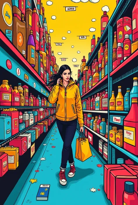 Make an easy drawing in pop art style highlighting consumerism and make it very colorful HIGHLIGHTING CONSUMERISM, Show consumerism well done well,  Keep that image, But make it easier to draw by hand 