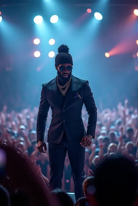 An African-American man dressed elegantly like a Balaclava rapper performing at a concert with more than 10 thousand people