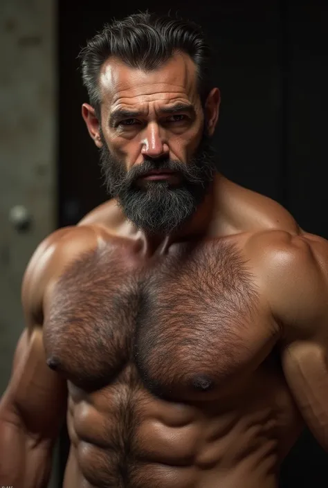 46 year old man, muscular,  hairy,  shirtless , sexy, hot, horny, chubby, with big pectorals.