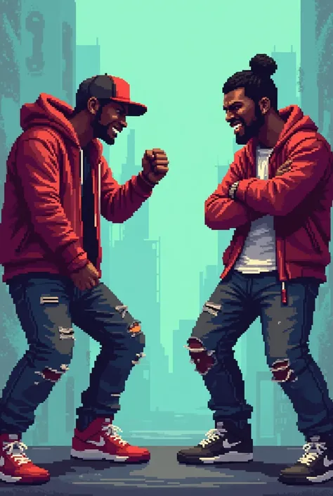  Create me a rap battle between two people but in a pixelated version ,That both of them are seen in different poses without a microphone  