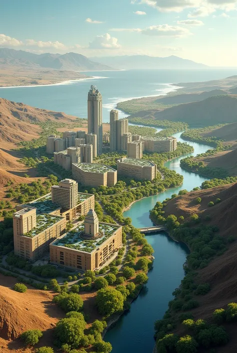  Show a non-hierarchical structure in a futuristic design ,  with small self-sufficient cities connected together ,  surrounded by iconic Chilean landscapes  (Desert, valleys, mountains and sea ).  It could include architectural elements that symbolize sus...