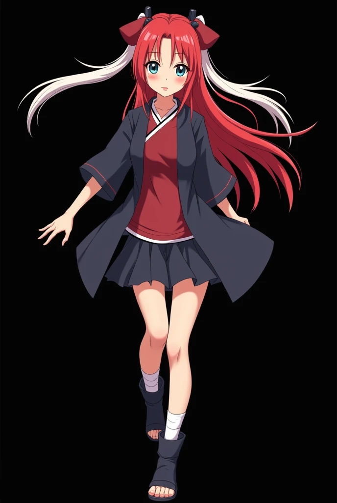 Create a beautiful Naruto Shippuden Anime character, Mai Yamamoto  ( FOURTEEN YEARS ).  full body . Designed with anime style"Naruto Shippuden" Exactly like in the anime .  fire-colored straight hair animation with two white locks highlighted on the front....