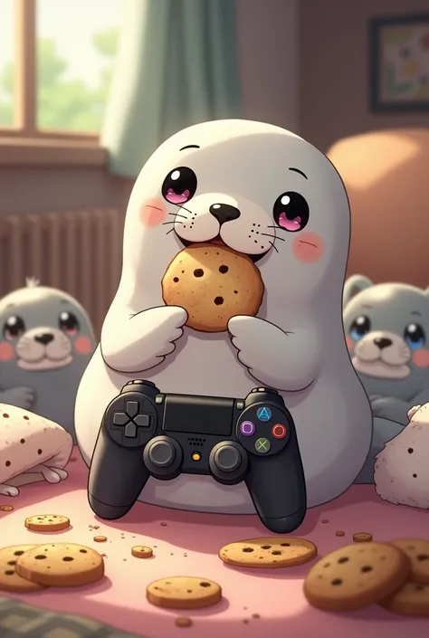 Make an anime-like animated character ,  a seal playing Play Station while eating cookies sitting next to her friends 
