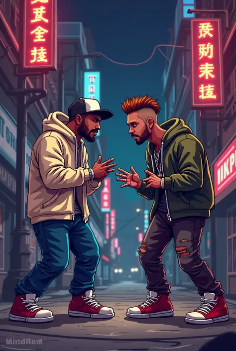  Create me a rap battle between two people but in a pixelated drawing version ,That they both see each other in poses as if rapping in different poses 