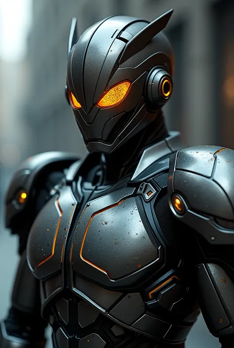 photo quality, textured armor, HDR, 35mm film, low-key lighting, Kamen Rider, pill bug motif, robust and segmented design, black and metallic gray bodysuit, reflective exoskeleton plates, glowing amber eyes, shield-like forearms, retractable defensive shel...