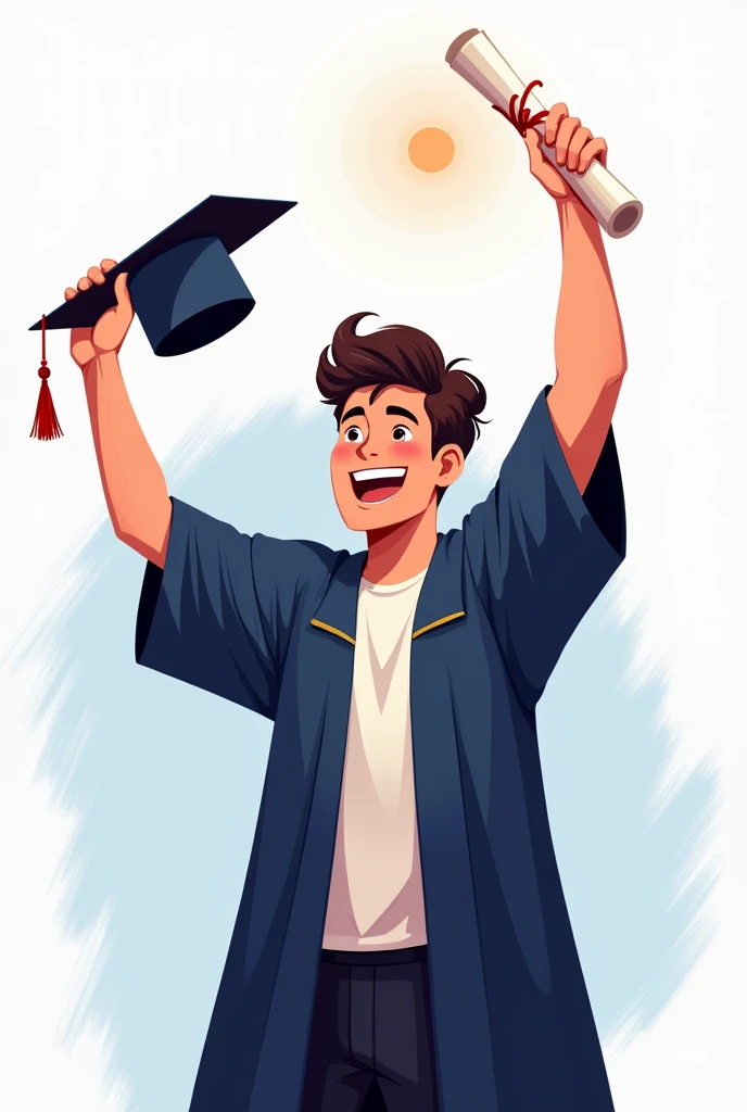 drawing of a male graduate with a diploma in his hand celebrating without a background morocchio without a beard,  posing in front 