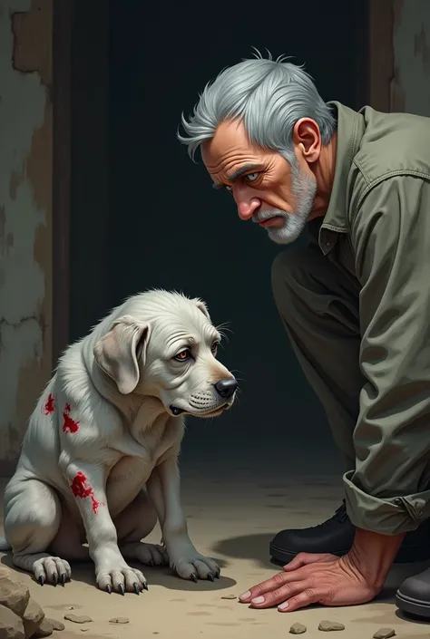 Dog with a sad face and wounds, gray-haired man looking at him, realistic cartoon