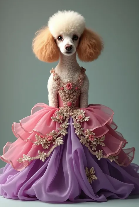 A realistic standing podlle wearing a colorful wedding dress 