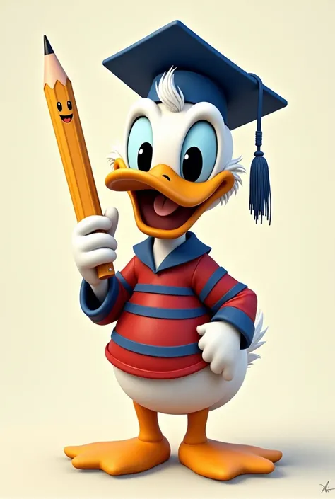  Make Donald Duck dressed in a red blue sleeve t-shirt and white graduation hat with dark blue stripes.  The duck must be holding a pencil that has an eraser on the tip and smiles. The pencil has eyes and is smiling .