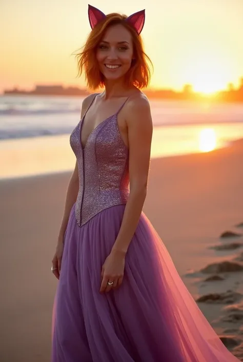  CW TVs Supergirl, with a soft beautiful smile, with burnt orange bob cut hair, add cat ears, shimmery purple wedding gown, wearing an engagement ring on her ring finger, full body shot at sunset at la jolla beach