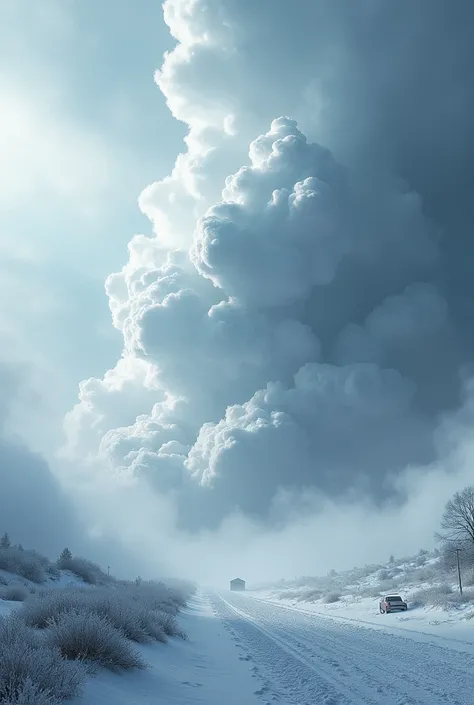 Give me an image of a very exaggerated catastrophic snowstorm with clouds, without people, very detailed and realistic that is very chaotic 