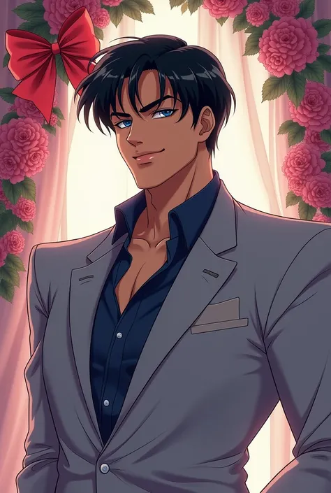 darien ( tuxedo mask) a handsome fair-skinned man ,  strong body short straight black hair split in half letting some tufts fall on his forehead and blue eyes .. wedding dress wearing a gray suit navy blue shirt in the background a bow decorated with alcat...