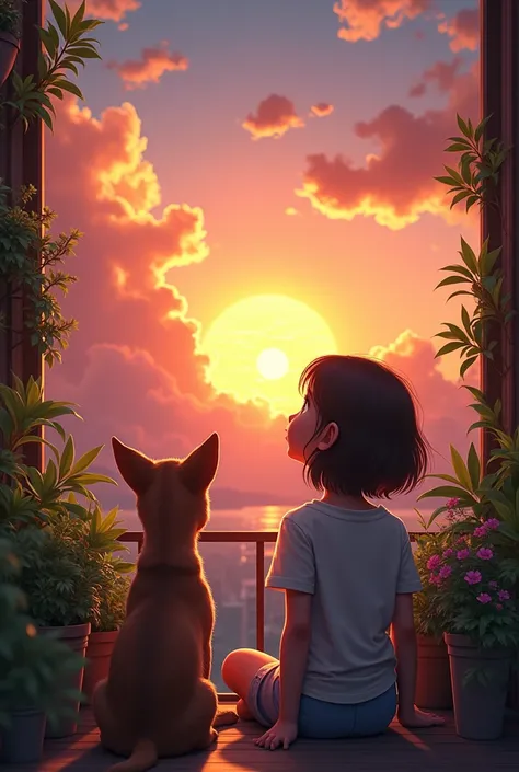 (photorealism:1.2), Create a girl and dog, looking at the sky on a balcony full of plants in the middle of a sunset 