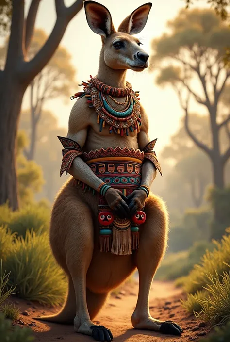 generate a realistic and detailed image of a kangaroo in indigenous clothing