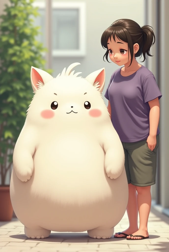 White and really chubby Mashi Maro with tiny pointy ears standing next to a slightly chubby 35 year old girl wearing purple shirt with short hair 