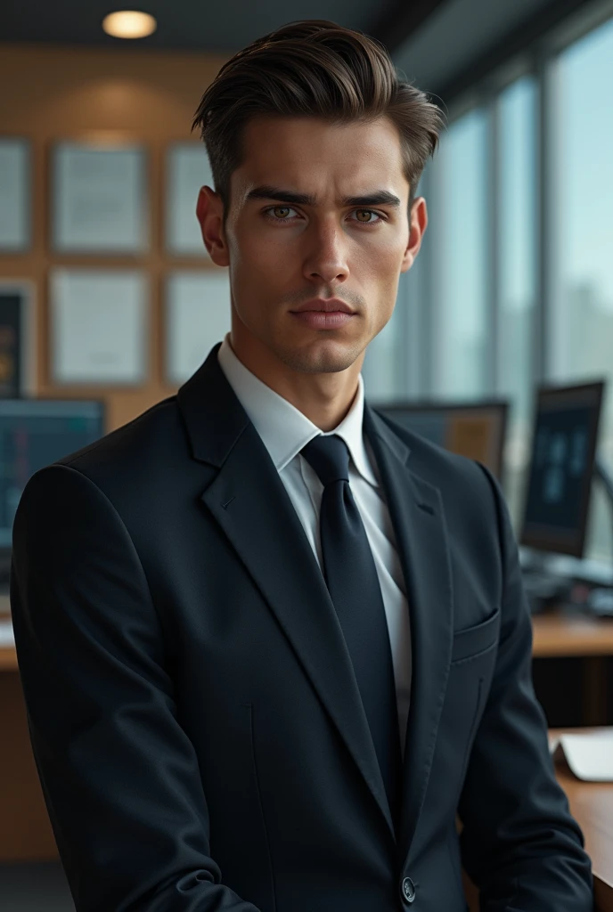 a young man with brown hair, beautiful eyes, agent of FBI in a office 
