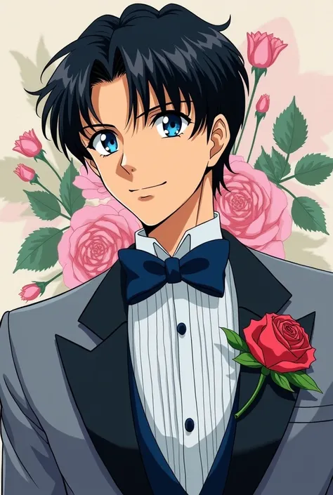 darien ( tuxedo mask) a handsome fair-skinned man ,  strong body short straight black hair split in half letting some tufts fall on his forehead and blue eyes .. wedding dress wearing a gray suit navy blue shirt in the background a bow decorated with alcat...