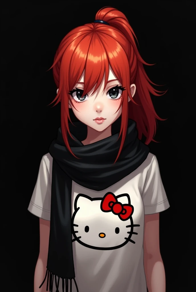 She is a girl with a black head eyes a ponytail Redhaired a scarf a black one a hello kity shirt black background 