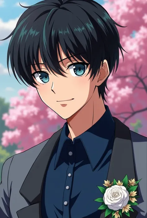 darien ( tuxedo mask) a handsome fair-skinned man ,  strong body short straight black hair split in half letting some tufts fall on his forehead and blue eyes .. wedding dress wearing a gray suit navy blue shirt in the background a bow decorated with alcat...