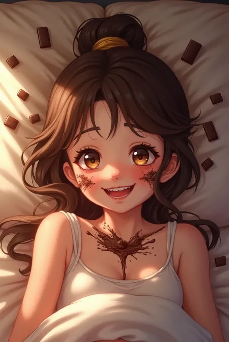 Girl lying on bed happily there is chocolate on her face, cheeks ,lips,neck, proper cloths