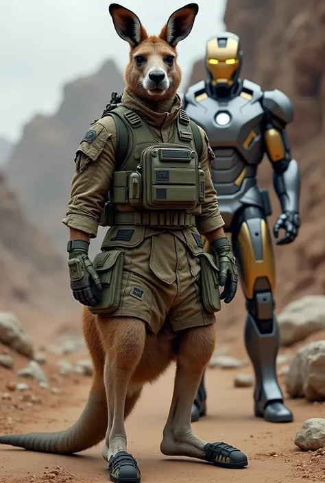  generates a realistic image of a kangaroo dressed as a military, Behind him is Iron Man from Marvel  