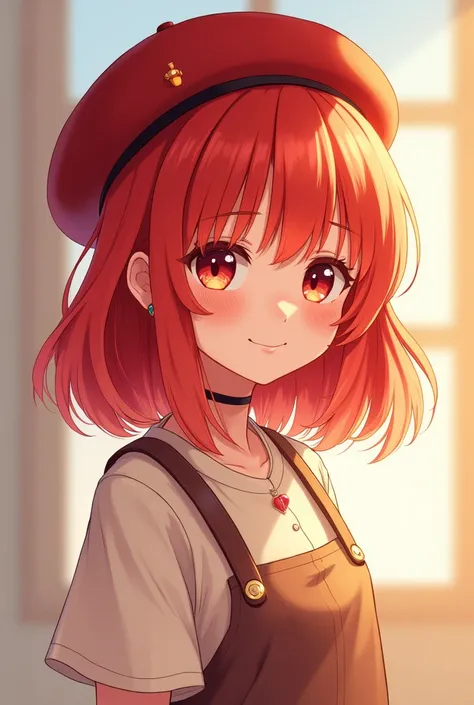 Its a girl with red hair、In anime style、My hair is medium、 red beret 