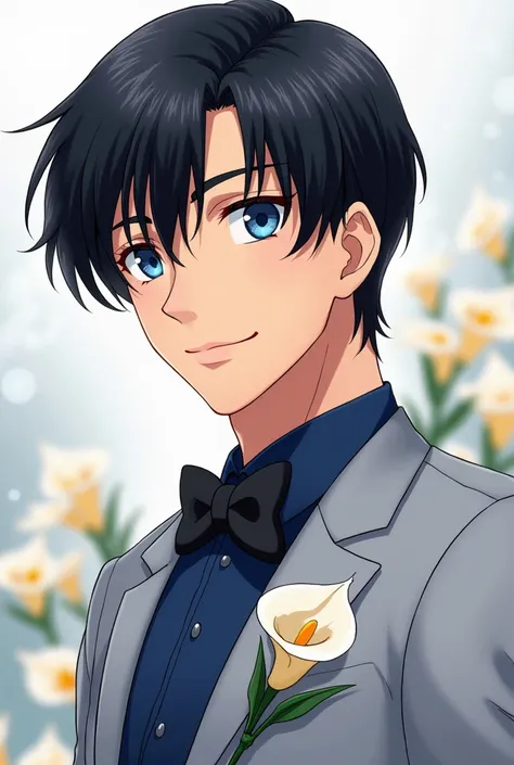 darien ( tuxedo mask) a handsome fair-skinned man , cuerpo entero,  strong build of short straight black hair split in half letting some tufts fall over her forehead and blue eyes..wedding dress wearing a light gray suit , Navy blue shirt,  in the backgrou...