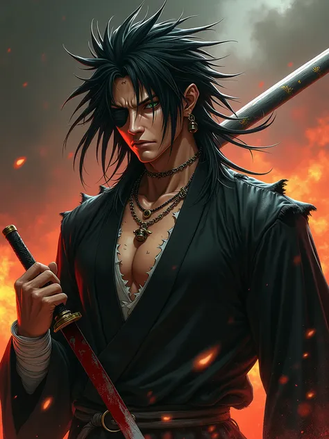 Portrait of Zaraki Kenpachi | extremely tall, muscular Shinigami with a wild and aggressive demeanor | long face with high cheekbones, prominent, hairless brow ridges, and a thin scar running vertically down his left eye, inflicted during hood | piercing g...