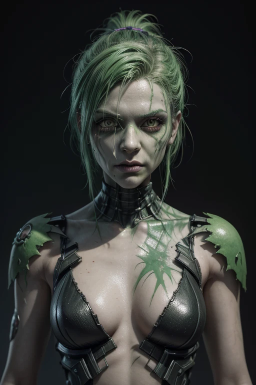 a cartoon zombie with green eyes and green hair,  winner of the zbrush , rolands zilvinskis 3d render art,  winner of the central zbrush  , cyberpunk skeleton, Polycount Contest Winner,  hyperrealistic fantasy monster , Stylized 3D Render, stylized 3d, pai...