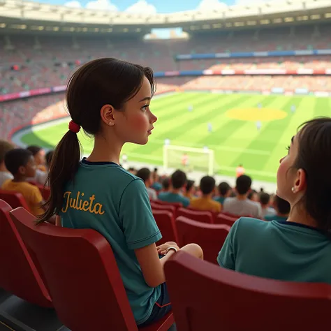 a girl who is sitting in a chair in a soccer stands and that the girl is sitting and that her shirt says Julieta