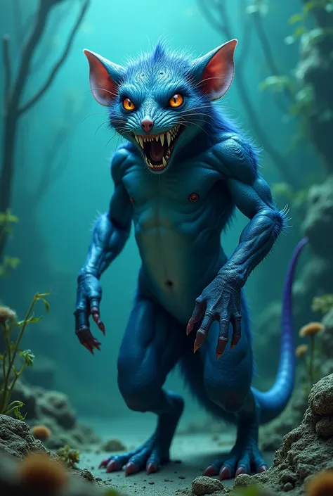 Humanoid rat and newt ,  completely blue color ,blue eyes, teeth showing ,  normal strength , Fast,It has unbreakable resistance,fantasy world, green seabed , fusion 1 meter and 85 centimeters tall, without clothes,It has characteristics of a ,  creepy app...