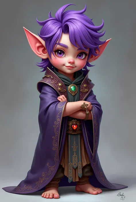 realistic fullbody portrait of 25 years old male Rock Gnome Wizard (Dungeons & Dragons), Light pink skin, purple hair, 3ft tall. 