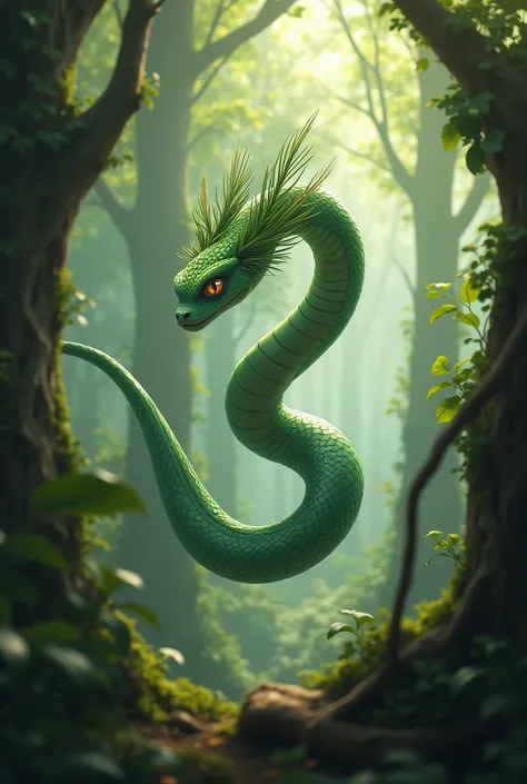  Snake with small feathers instead of scales at the end of its head, worry, flying through trees , green color